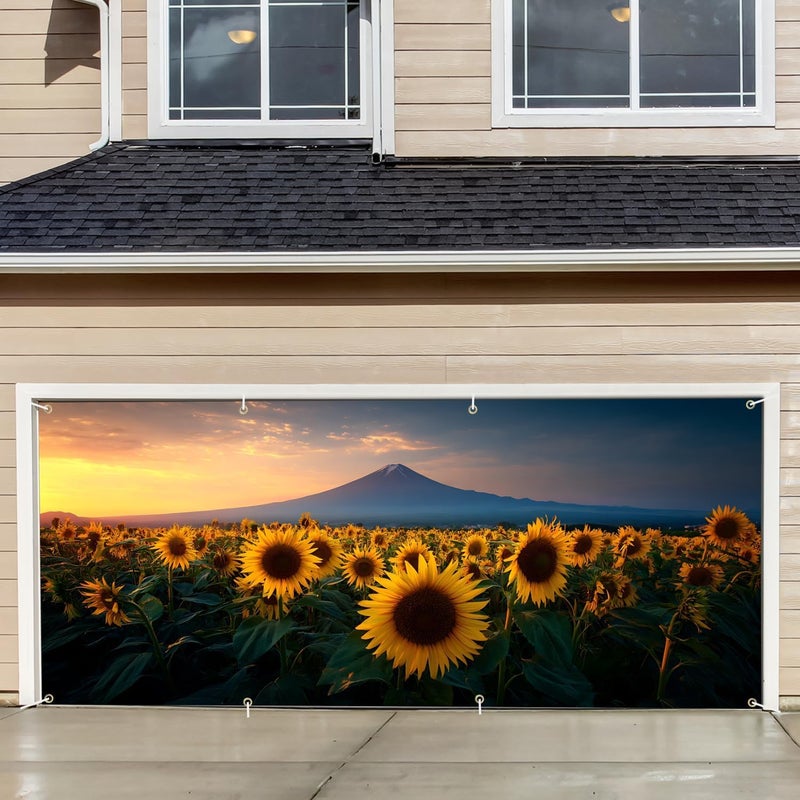 THISFIND Sunflower Field & Mountain Sunset Garage Door Banner – Scenic Outdoor Decoration for Home Exterior - Image 1